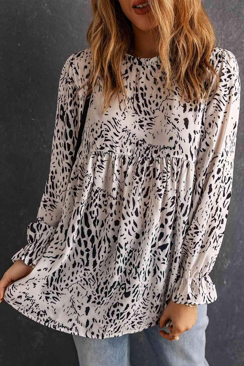 Printed Frill Neck Flounce Sleeve Babydoll Blouse Cream Black Blouses - Tophatter Daily Deals