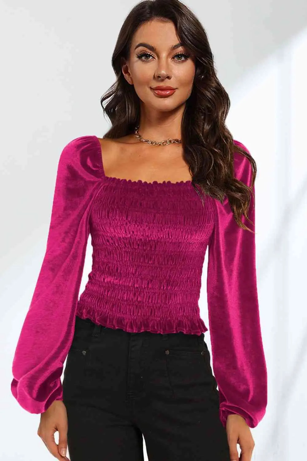 Double Take Smocked Square Neck Long Sleeve Blouse Hot Pink Blouses - Tophatter Daily Deals