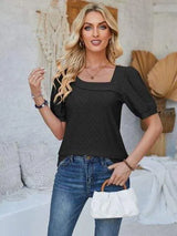 Eyelet Asymmetrical Neck Short Sleeve T-Shirt Black Women's T-Shirts - Tophatter Daily Deals