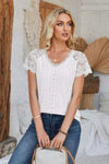 Eyelet V-Neck Lace Short Sleeve T-Shirt Women's T-Shirts - Tophatter Daily Deals