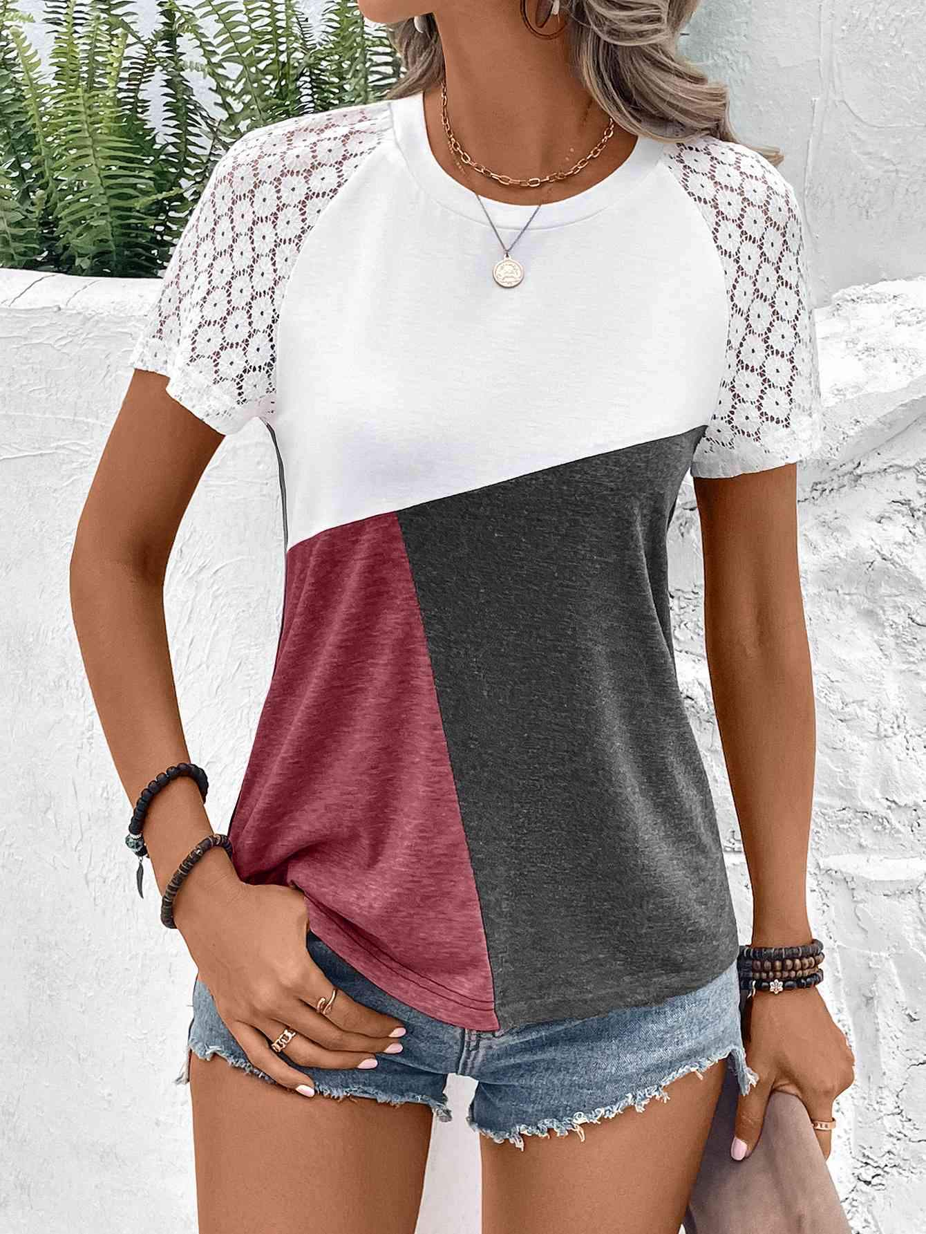 Color Block Raglan Sleeve Round Neck Tee Women's T-Shirts - Tophatter Daily Deals