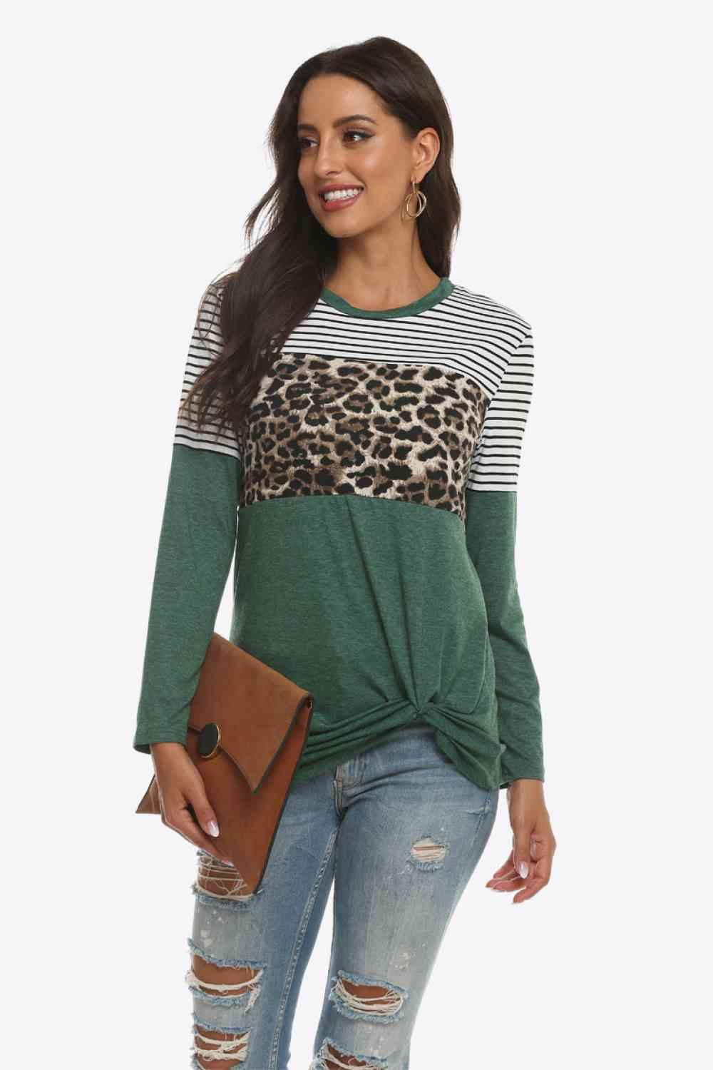 Mixed Print Gathered Detail Long Sleeve Top Green Blouses - Tophatter Daily Deals