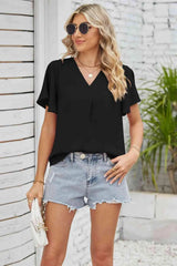 V-Neck Flutter Sleeve Blouse Black Blouses - Tophatter Daily Deals