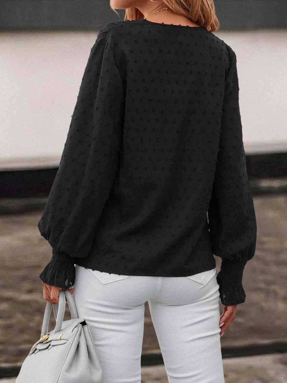 Swiss Dot V-NecK Lantern Sleeve Blouse Blouses - Tophatter Daily Deals