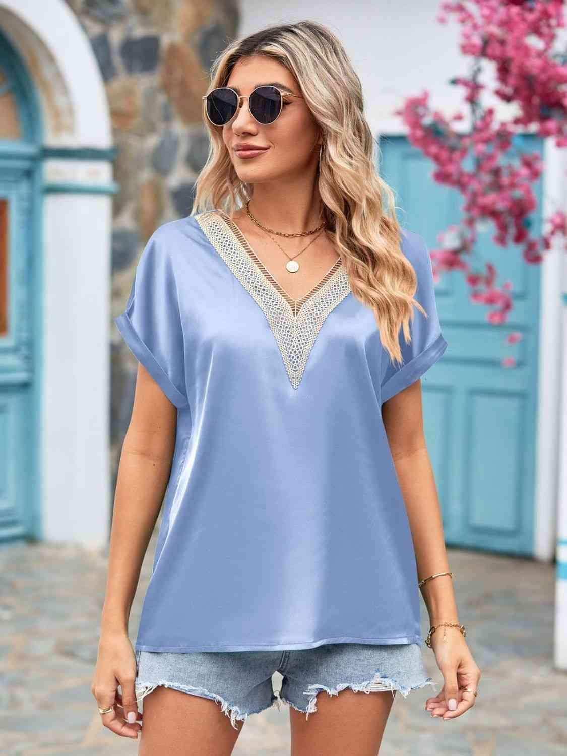 V-Neck Cuffed Blouse Misty Blue Blouses - Tophatter Daily Deals