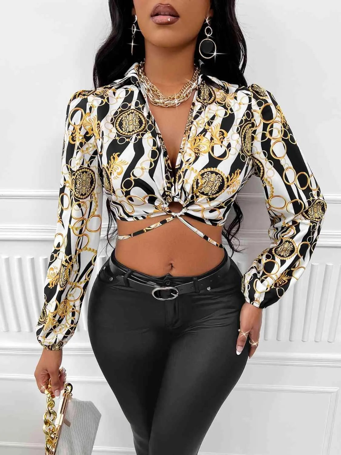 Johnny Collar Tie Back Cropped Blouse Multicolor Blouses - Tophatter Daily Deals