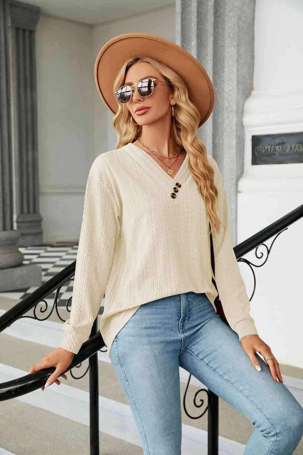 Decorative Button V-Neck Long Sleeve T-Shirt Women's T-Shirts - Tophatter Daily Deals