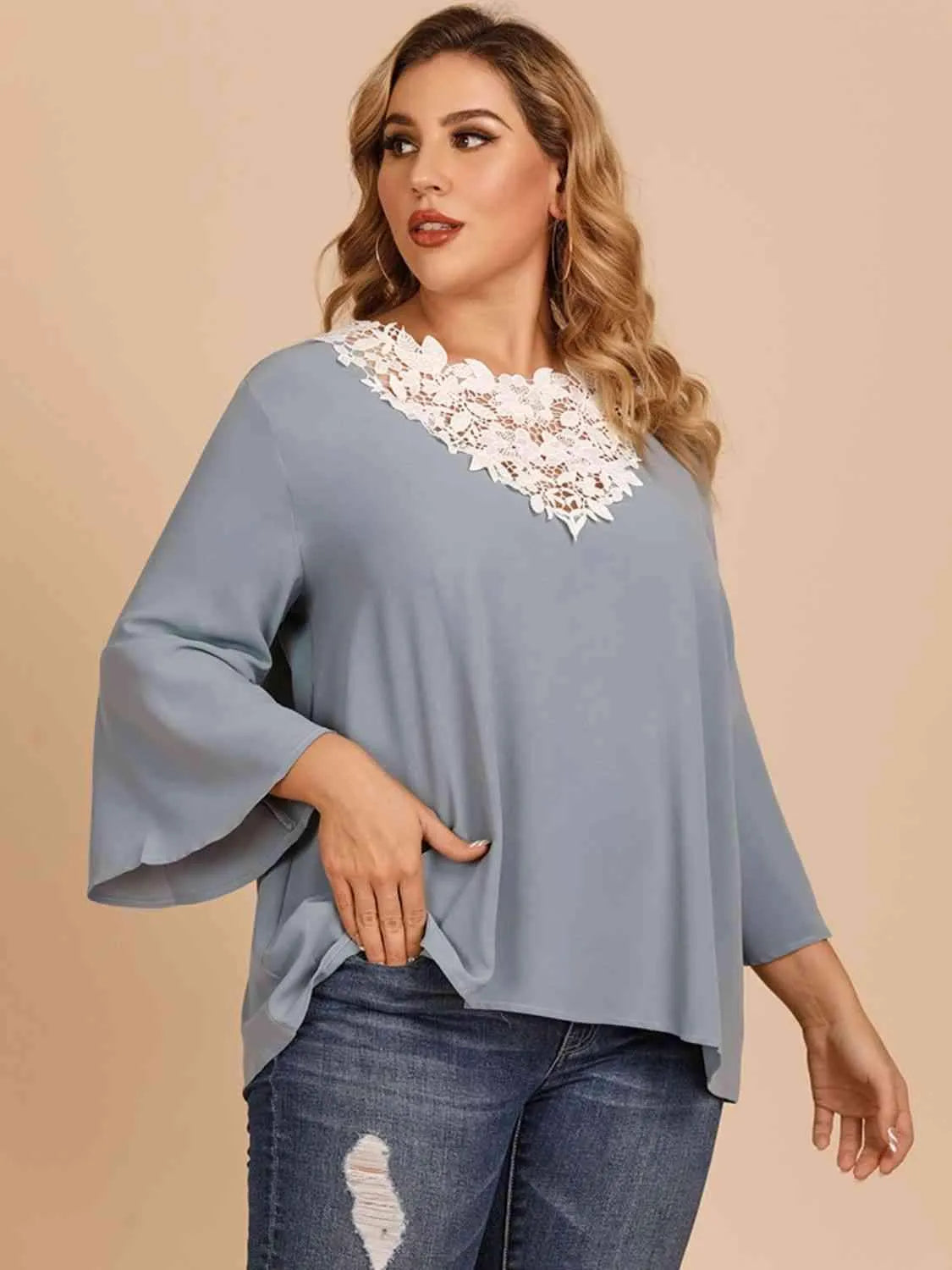 Plus Size Contrast Spliced Lace Three-Quarter Sleeve Blouse Blouses - Tophatter Daily Deals