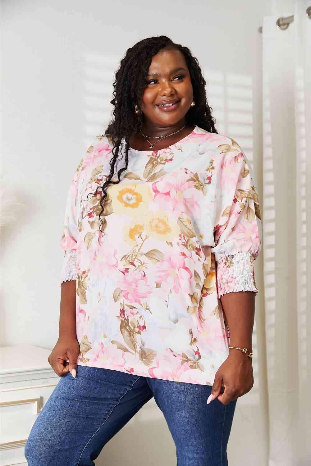 Double Take Floral Round Neck Three-Quarter Sleeve Top Blouses - Tophatter Daily Deals