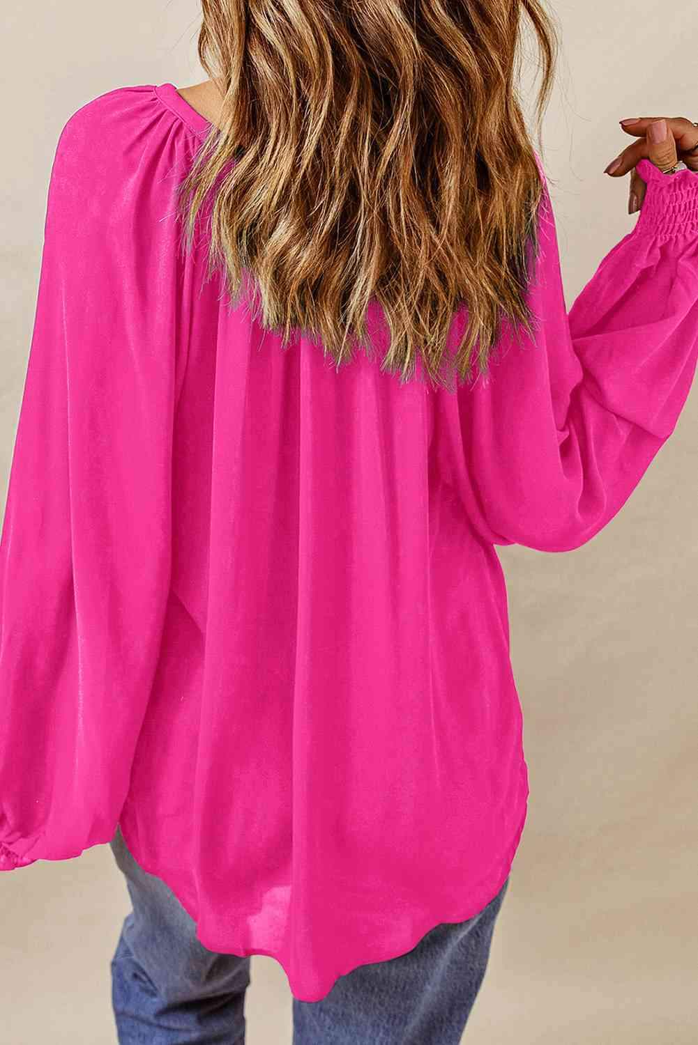 Notched Neck Lantern Sleeve Blouse Blouses - Tophatter Daily Deals