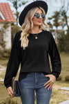 Eyelet Round Neck Long Sleeve T-Shirt Black Women's T-Shirts - Tophatter Daily Deals