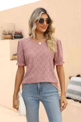 Openwork Round Neck Flounce Sleeve T-Shirt Women's T-Shirts - Tophatter Daily Deals