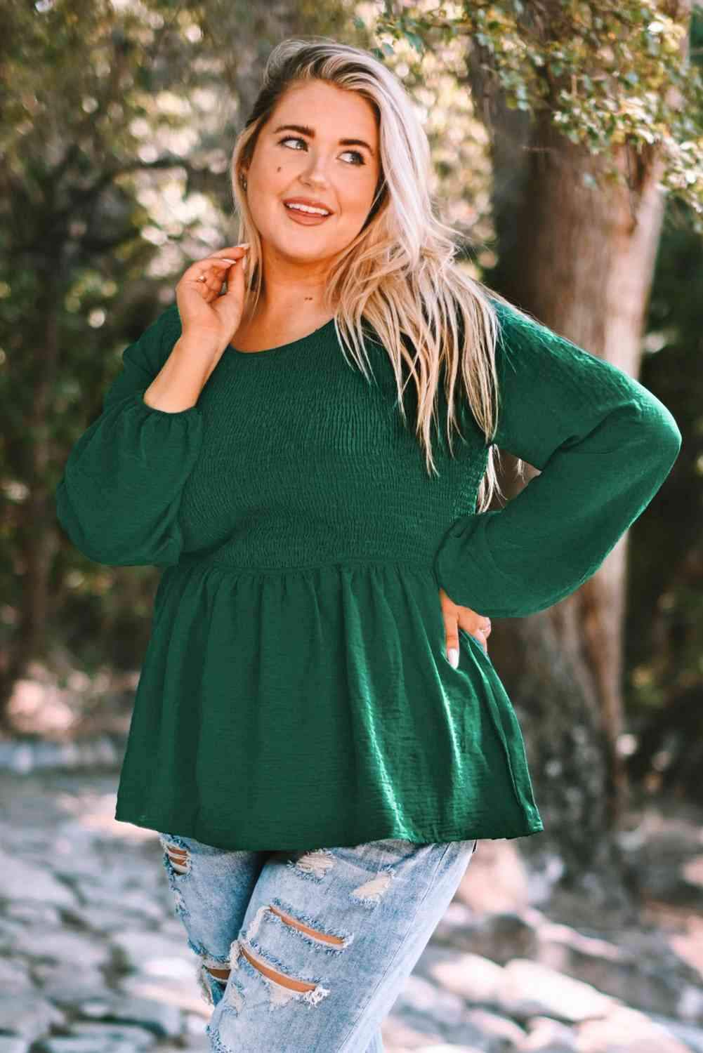 Plus Size Smocked Balloon Sleeve Babydoll Top Mid Green Blouses - Tophatter Daily Deals