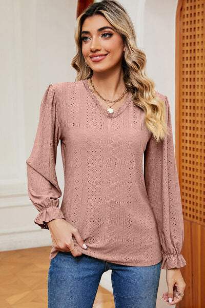 Eyelet V-Neck Flounce Sleeve T-Shirt Pale Blush Women's T-Shirts - Tophatter Daily Deals