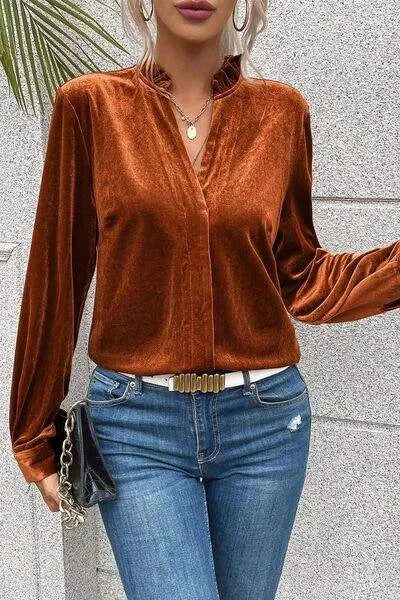 Notched Frill Detail Long Sleeve Blouse Blouses - Tophatter Daily Deals