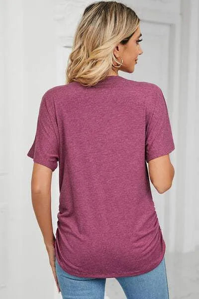 Ruched V-Neck Short Sleeve T-Shirt Women's T-Shirts - Tophatter Daily Deals