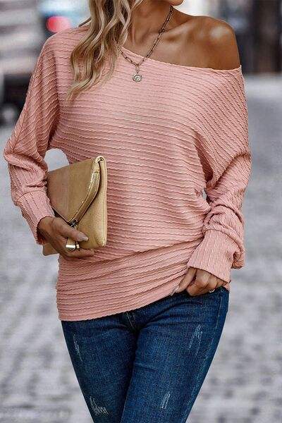 Texture Round Neck Long Sleeve Top Dusty Pink Blouses - Tophatter Daily Deals