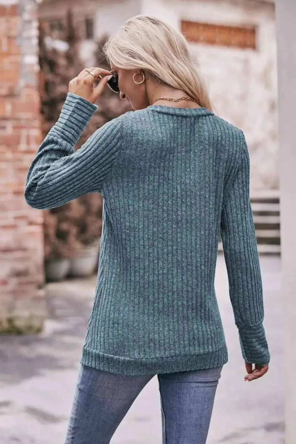 Double Take V-Neck Long Sleeve Ribbed Top Blouses - Tophatter Daily Deals