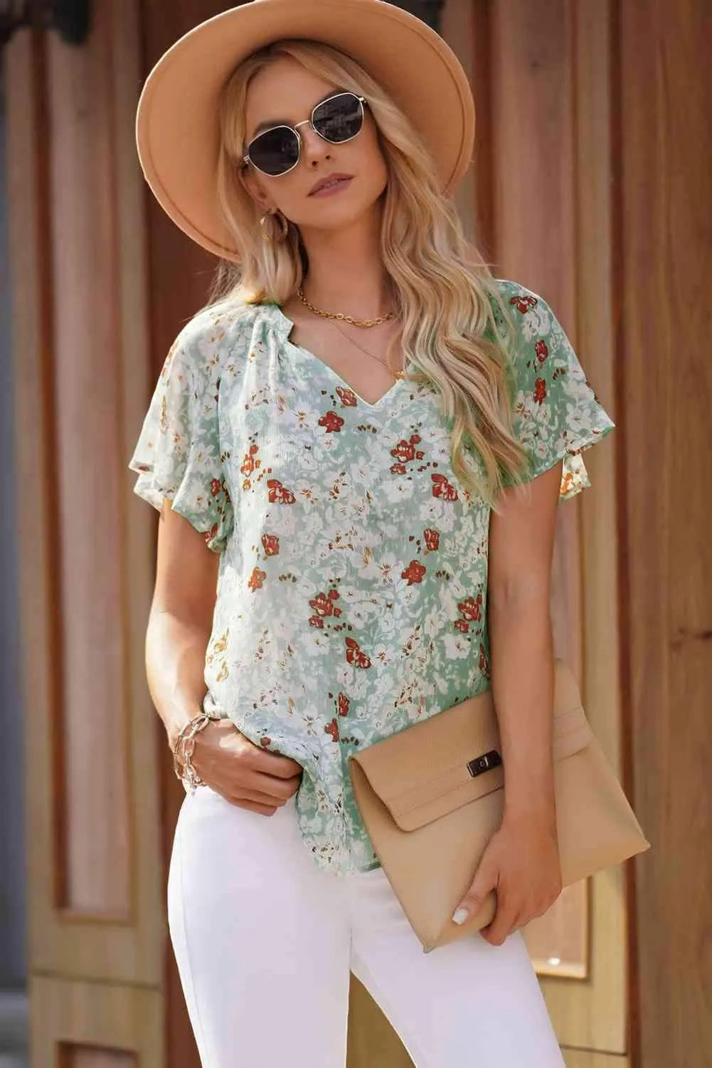 Floral Notched Neck Flutter Sleeve Blouse Light Green Blouses - Tophatter Daily Deals