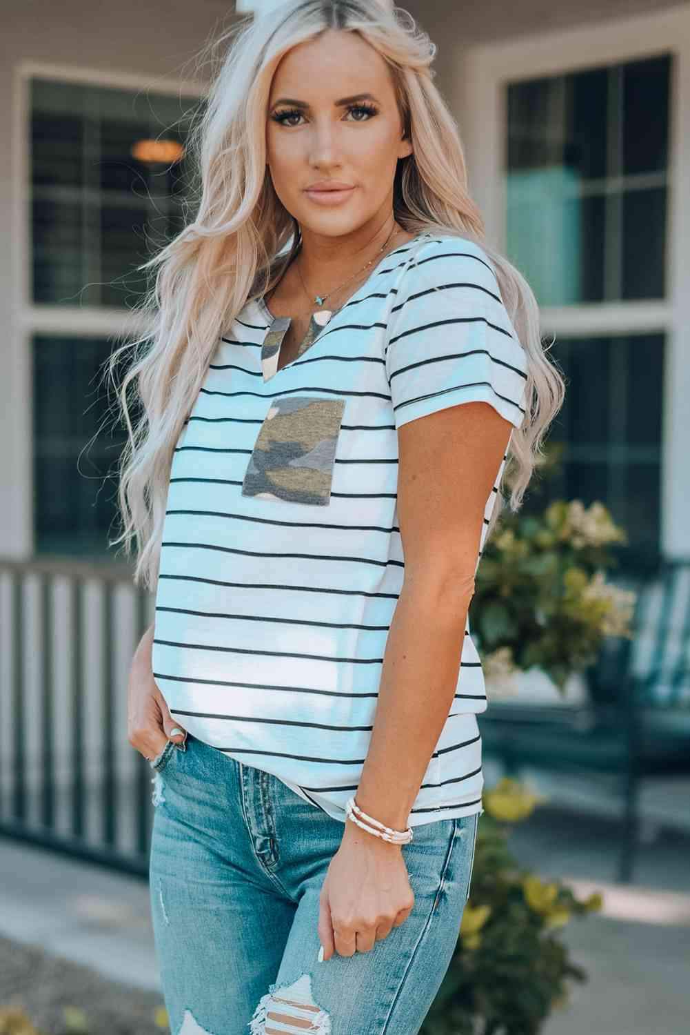 Striped Notched Neck T-Shirt Women's T-Shirts - Tophatter Daily Deals