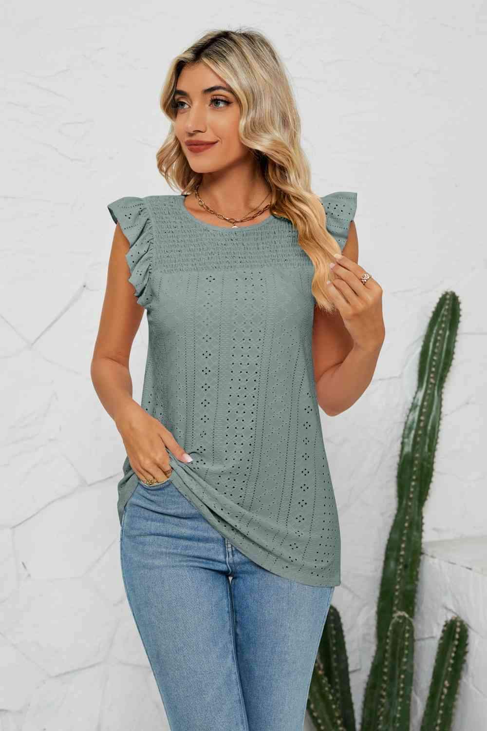 Smocked Round Neck Eyelet Top Sage Blouses - Tophatter Daily Deals