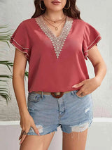 Plus Size Contrast V-Neck Layered Flutter Sleeve Blouse Blouses - Tophatter Daily Deals
