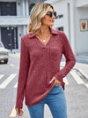 Ribbed Notched Long Sleeve T-Shirt with Pocket Light Mauve Women's T-Shirts - Tophatter Daily Deals