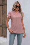 Eyelet Notched Neck Flutter Sleeve Top Dusty Pink Women's T-Shirts - Tophatter Daily Deals