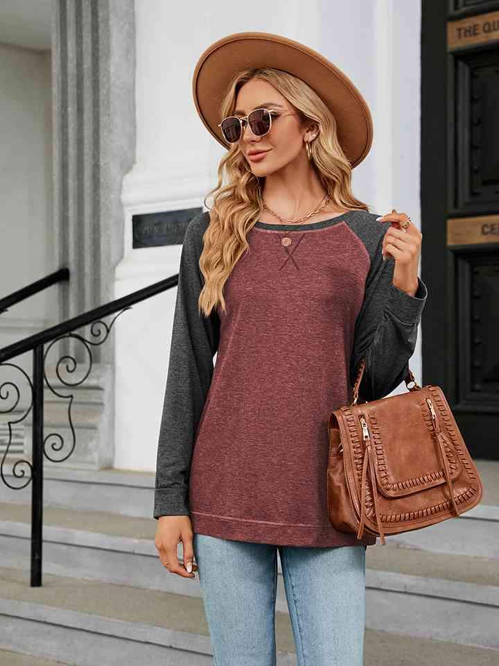 Round Neck Raglan Sleeve T-Shirt Brick Red Women's T-Shirts - Tophatter Daily Deals