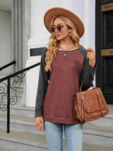 Round Neck Raglan Sleeve T-Shirt Brick Red Women's T-Shirts - Tophatter Daily Deals