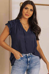 Tie-Neck Flutter Sleeve Blouse Navy Blouses - Tophatter Daily Deals