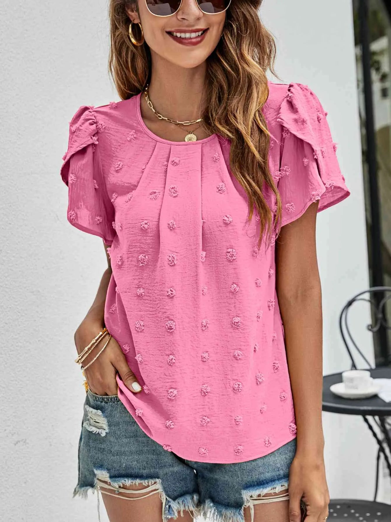 Swiss Dot Round Neck Petal Sleeve Top Hot Pink Blouses - Tophatter Daily Deals