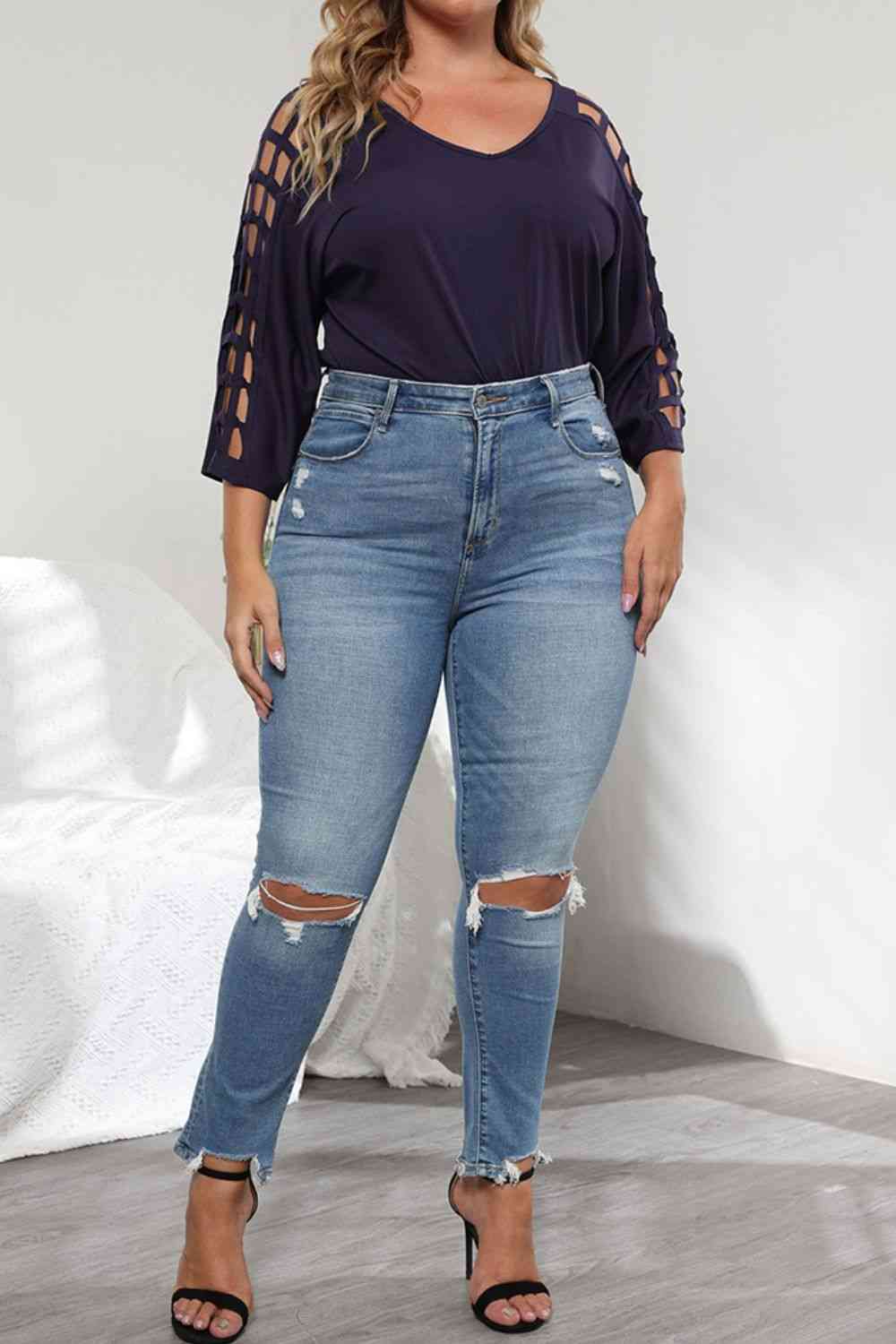 Plus Size Cutout Three-Quarter Sleeve Blouse - Tophatter Deals