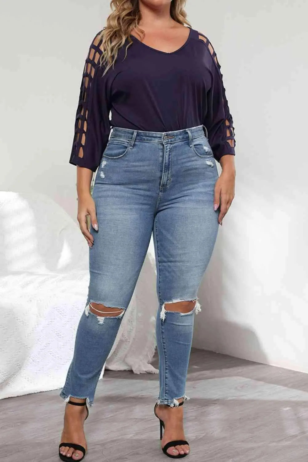Plus Size Cutout Three-Quarter Sleeve Blouse Blouses - Tophatter Daily Deals