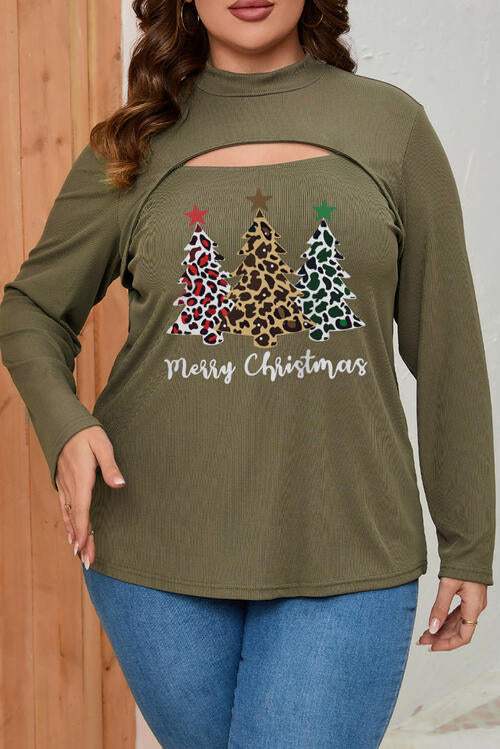 Plus Size Christmas Tree Graphic Cutout Round Neck Long Sleeve Blouse Army Green Blouses - Tophatter Daily Deals