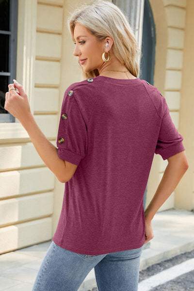 Round Neck Buttoned Short Sleeve T-Shirt Women's T-Shirts - Tophatter Daily Deals