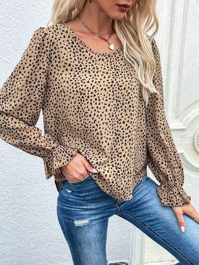 Leopard Round Neck Flounce Sleeve Blouse Blouses - Tophatter Daily Deals