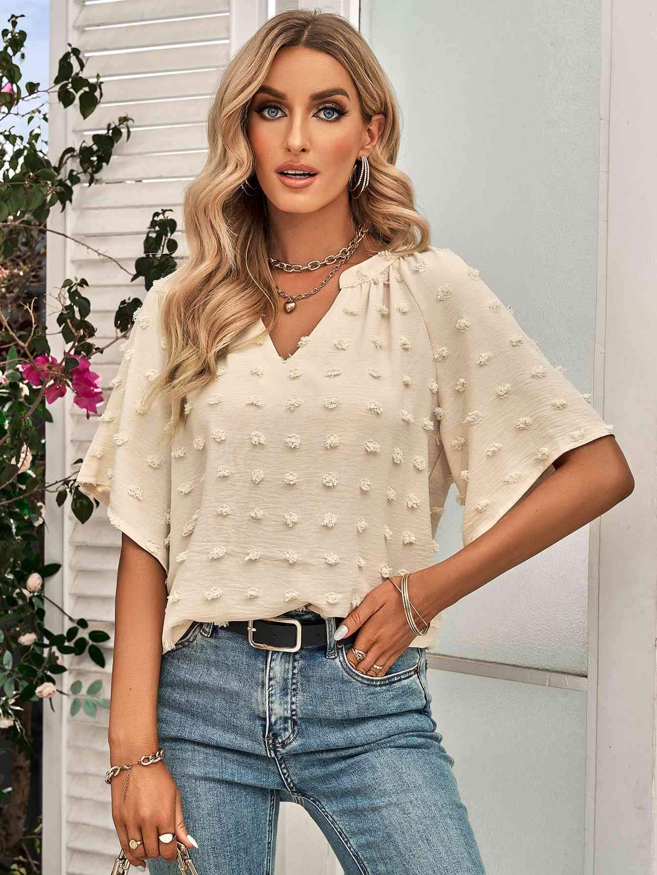 Swiss Dot Notched Neck Flare Sleeve Blouse Sand Blouses - Tophatter Daily Deals