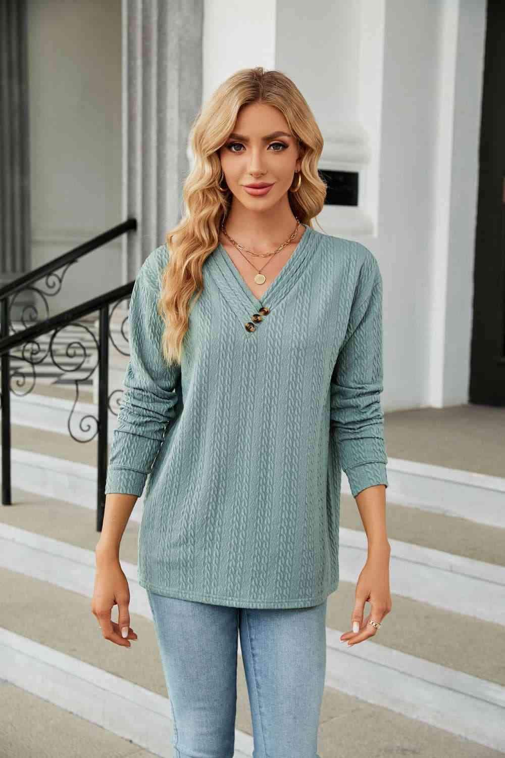 Decorative Button V-Neck Long Sleeve T-Shirt Sage Women's T-Shirts - Tophatter Daily Deals