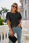 Eyelet Flutter Sleeve Round Neck Top Black Blouses - Tophatter Daily Deals