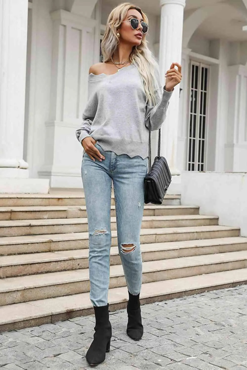 Wavy Hem Long Sleeve Pullover Blouses - Tophatter Daily Deals