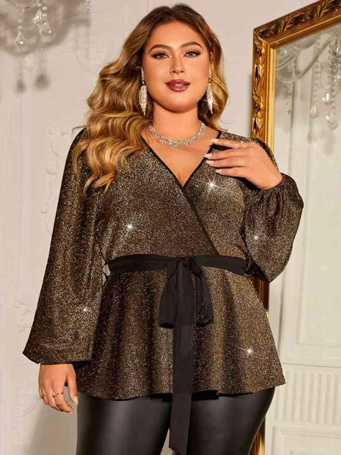 Plus Size Shiny Tie Waist Wrap Top Camel Blouses - Tophatter Daily Deals