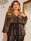 Plus Size Shiny Tie Waist Wrap Top Camel Blouses - Tophatter Daily Deals