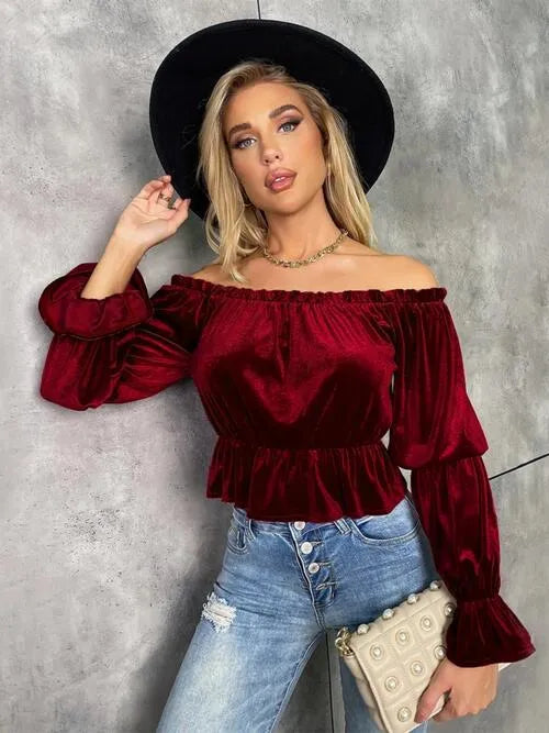 Off-Shoulder Flounce Sleeve Blouse Wine Blouses - Tophatter Daily Deals