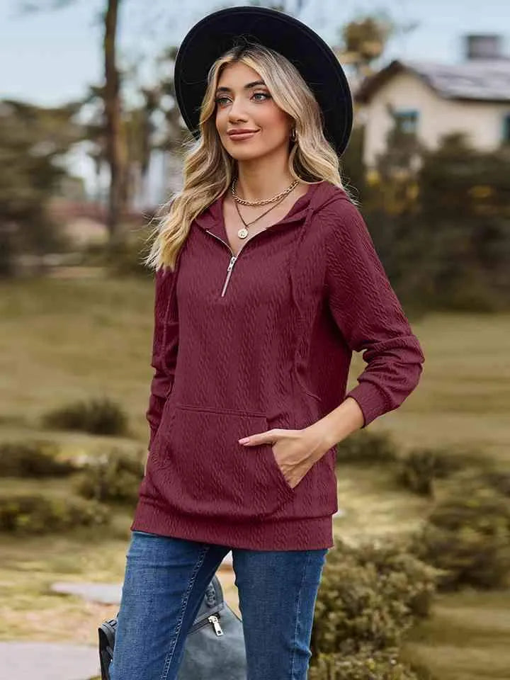 Cable-Knit Zip-Up Hooded Blouse Blouses - Tophatter Daily Deals