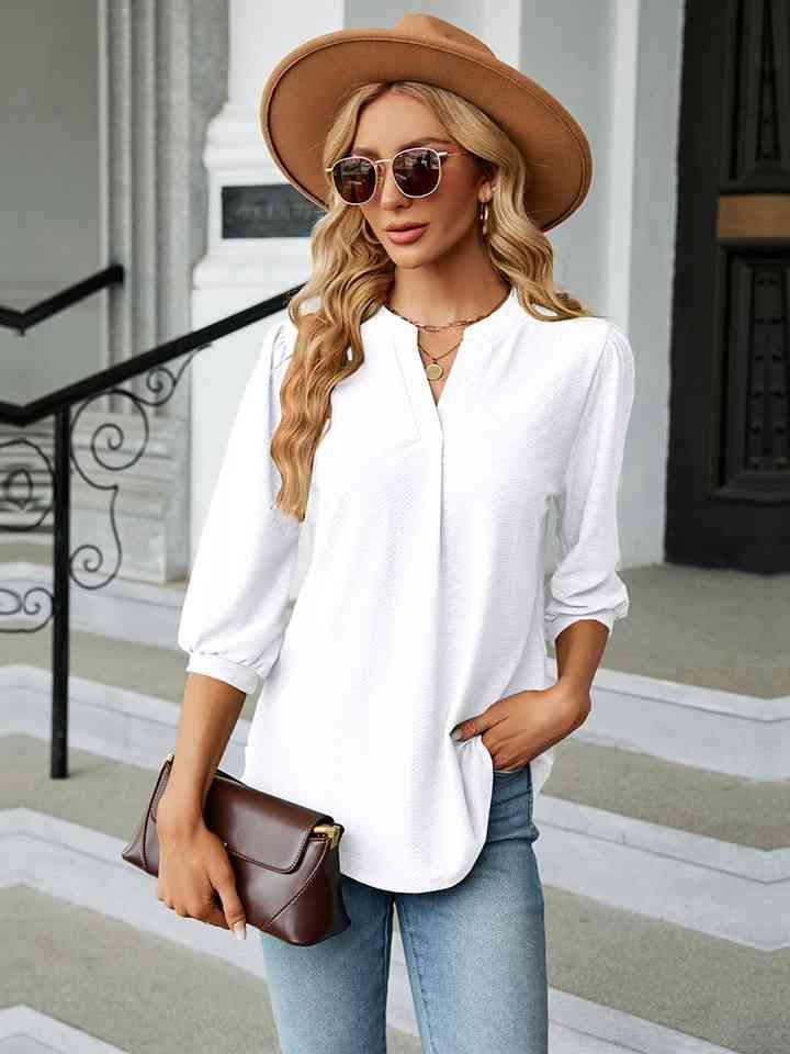 Notched Neck Three-Quarter Sleeve Blouse Women's T-Shirts - Tophatter Daily Deals