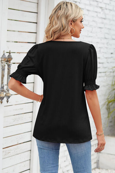 Smocked Square Neck Short Sleeve T-Shirt Women's T-Shirts - Tophatter Daily Deals