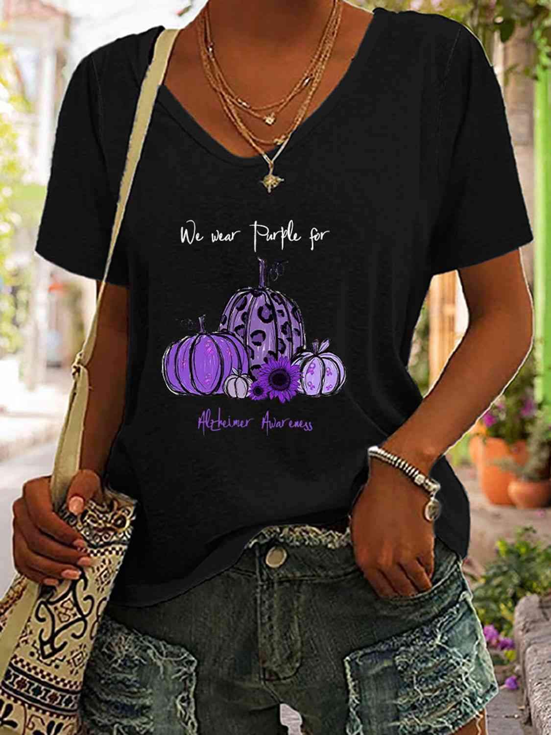 Full Size Pumpkin Graphic V-Neck T-Shirt Black Women's T-Shirts - Tophatter Daily Deals