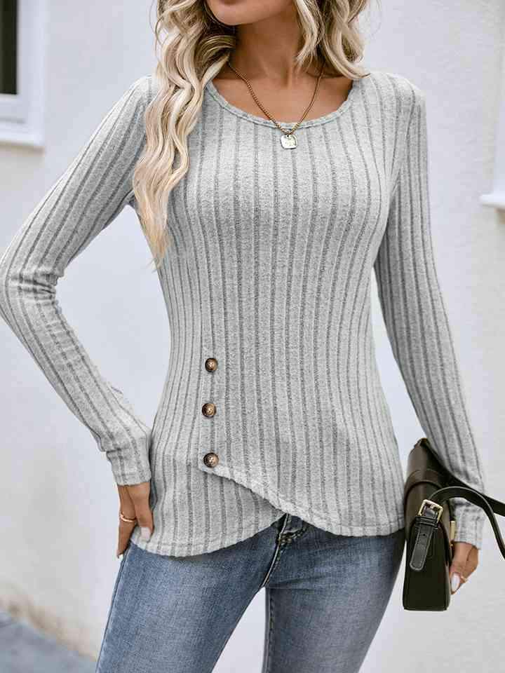 Buttoned Tulip Hem Long Sleeve T-Shirt Light Gray Women's T-Shirts - Tophatter Daily Deals