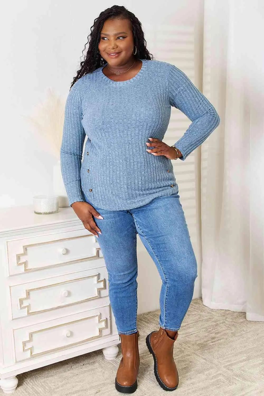 Double Take Round Neck Ribbed Long Sleeve T-Shirt Women's T-Shirts - Tophatter Daily Deals